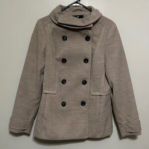 H&M Women's Pea Coat Jacket 12 Taupe Beige Casual Double Breast Button High Neck